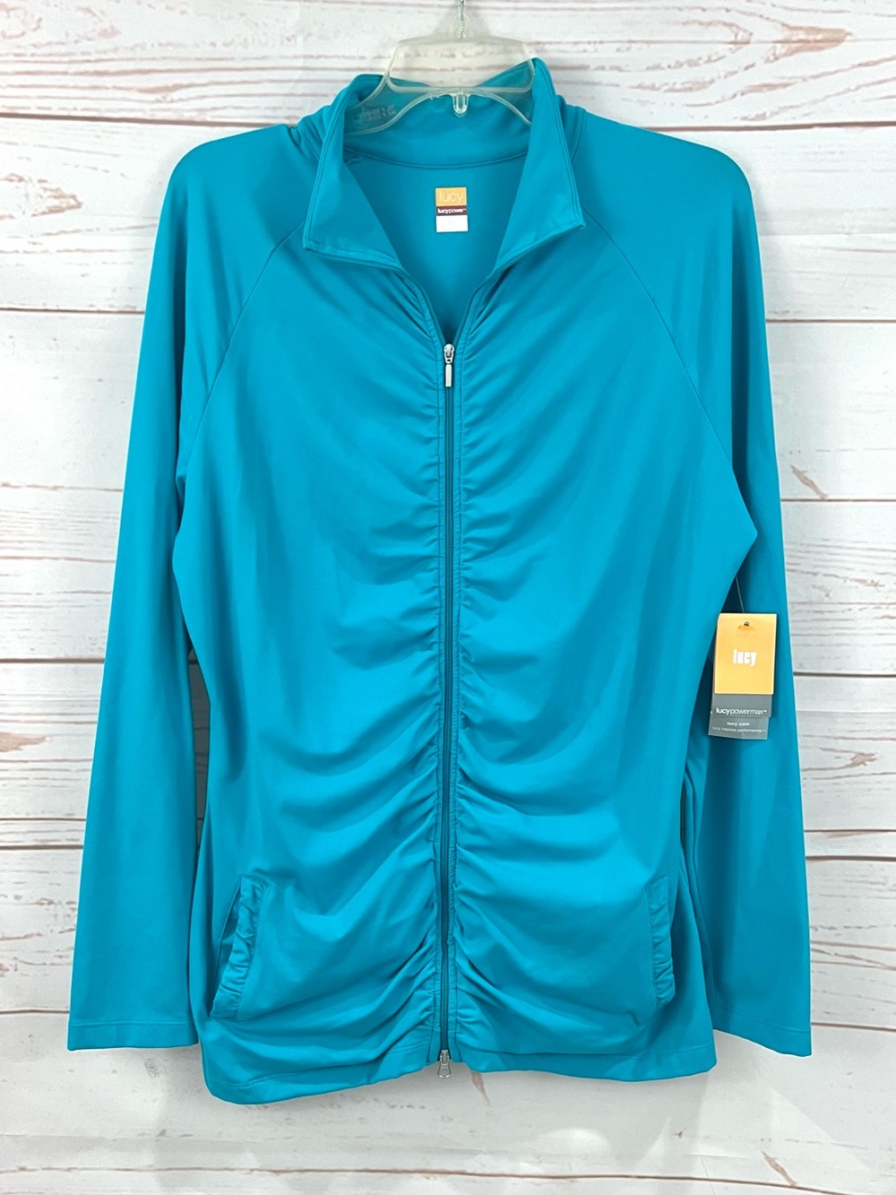 NWT Lucy Turquoise Teal Reflection Power Athletic Jacket Full Zip Ruched
